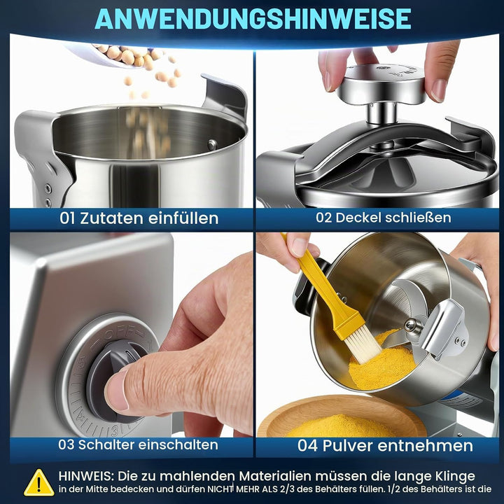 Tragbare Getreidemühle, Elektrische Edelstahl Gewürzmühle, 3500W – 304 Edelstahl, 800g Kapazität, Ho