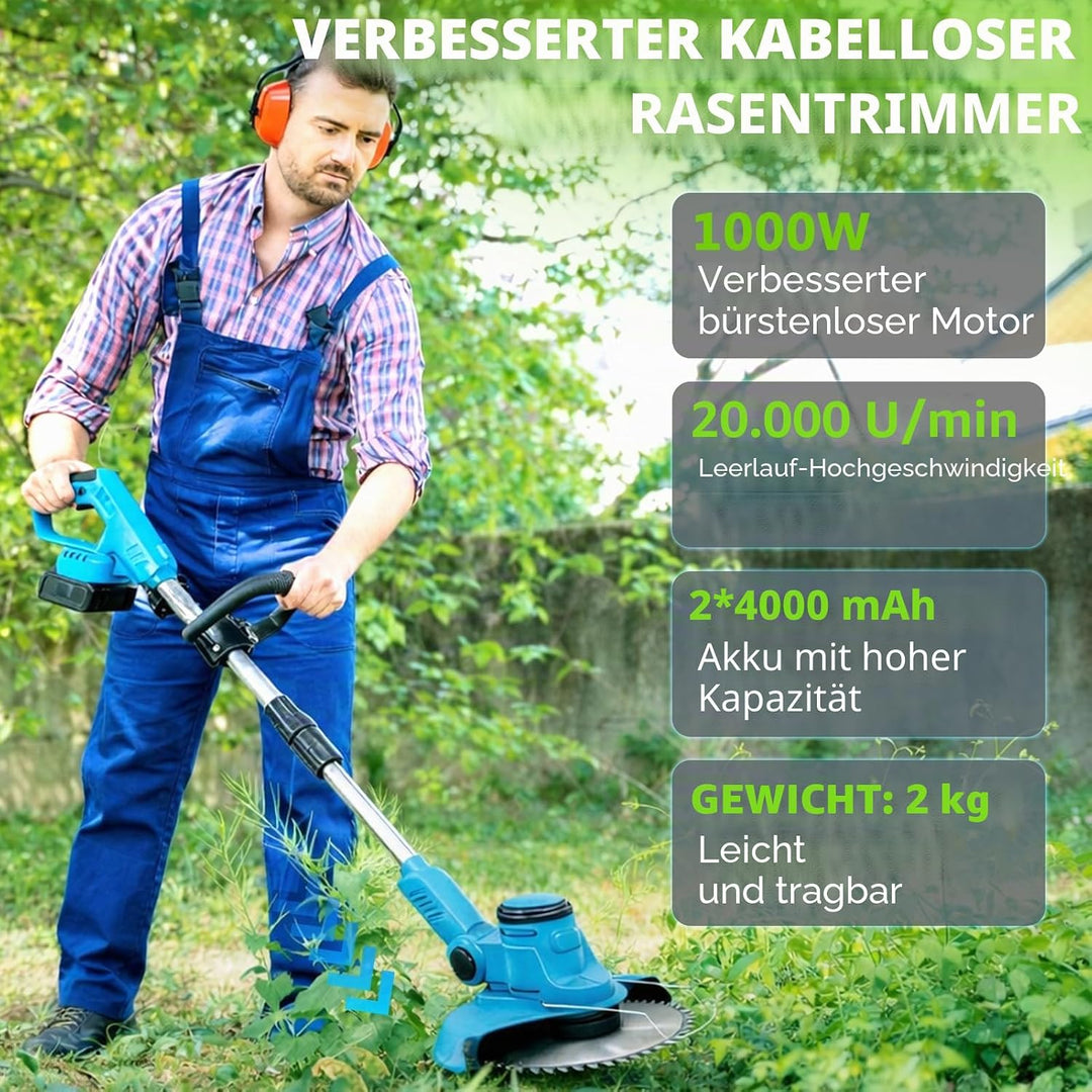 TOPALL Rasentrimmer mit Akku,Freischneider Akku mit 2X4.0Ah,Upgrade Rasentrimmer mit Bürstenloser Mo