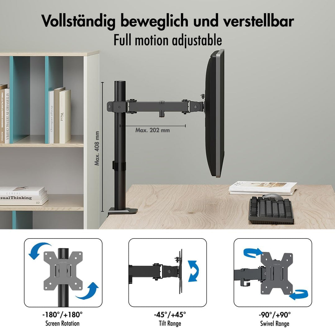 LogiLink Monitor Tischhalterung für 17–32" Bildschirme, 10 kg max., Armlänge 202 mm, VESA 75x75/100x