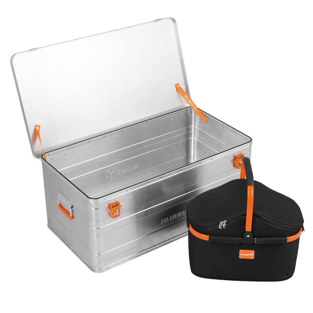 ALUBOX B140 Alukiste 140 Liter Aluminium Transportbox Promo inkl. alubox Kühlkorb schwarz
