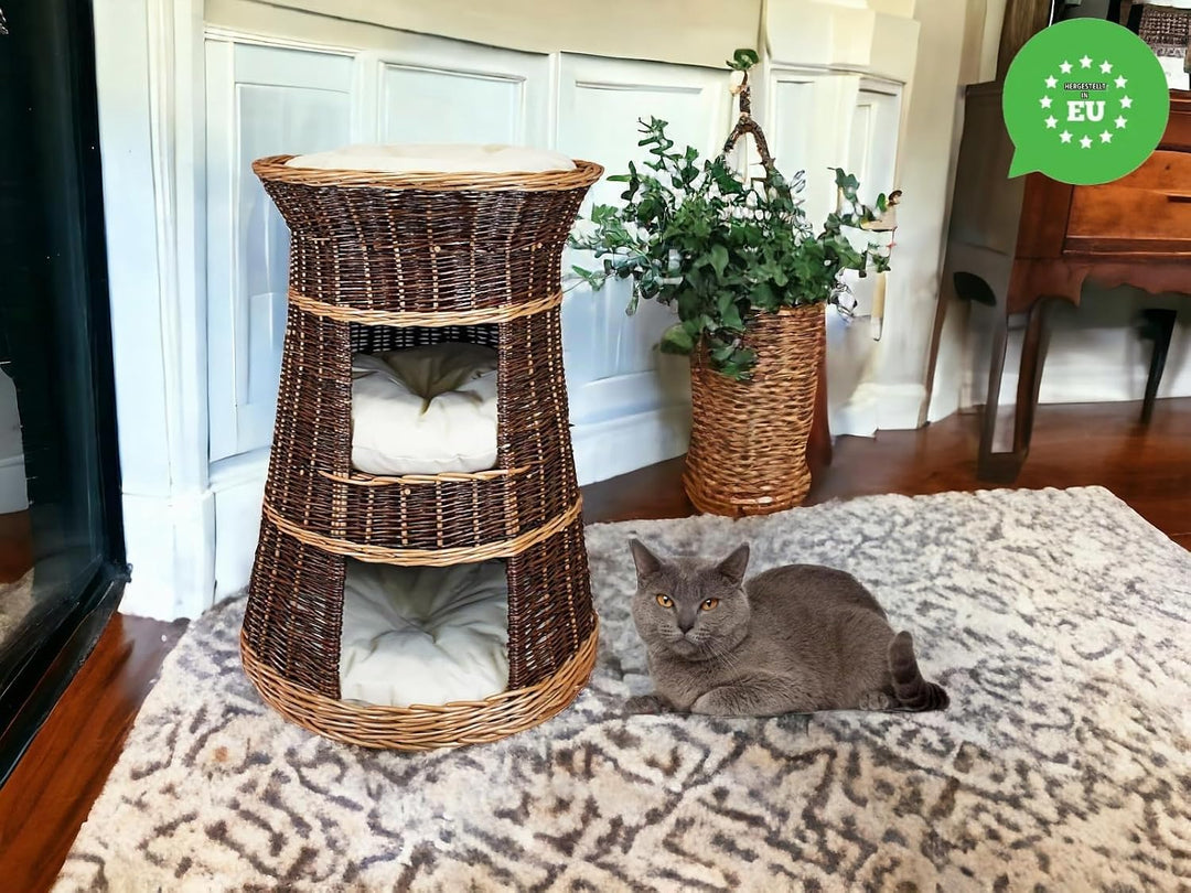 Katzenkorb zum Schlafen – Katzenhütte Indoor – Grösse: 43 x 49 x 70 cm rund – Katzenhöhle aus Weide