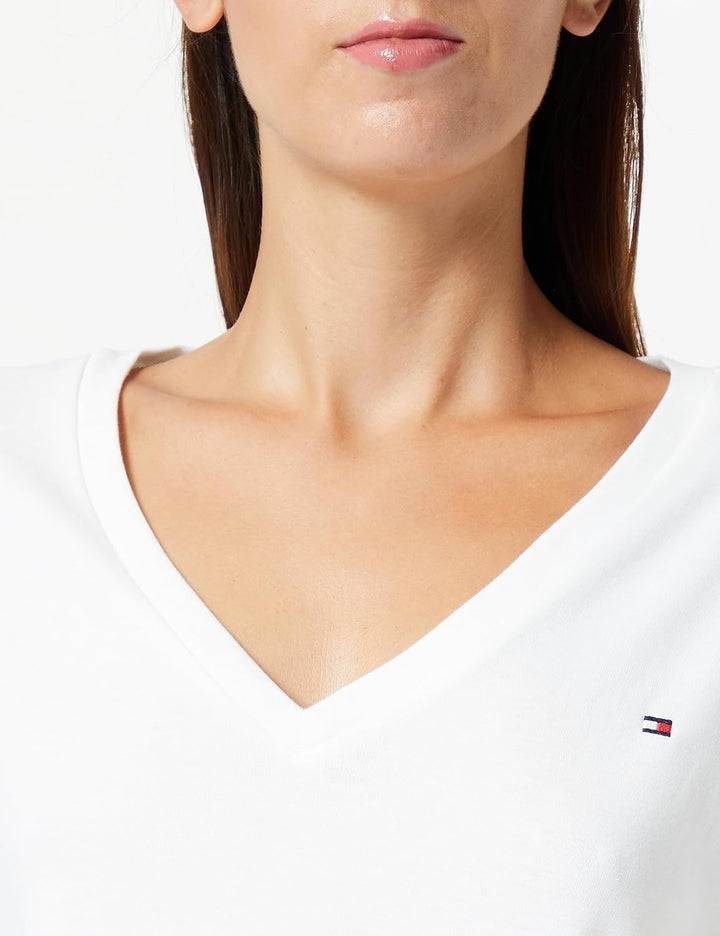 Tommy Hilfiger Damen T-Shirt Kurzarm Slim Cody Rib V-Ausschnitt 46 Ecru, 46 Ecru