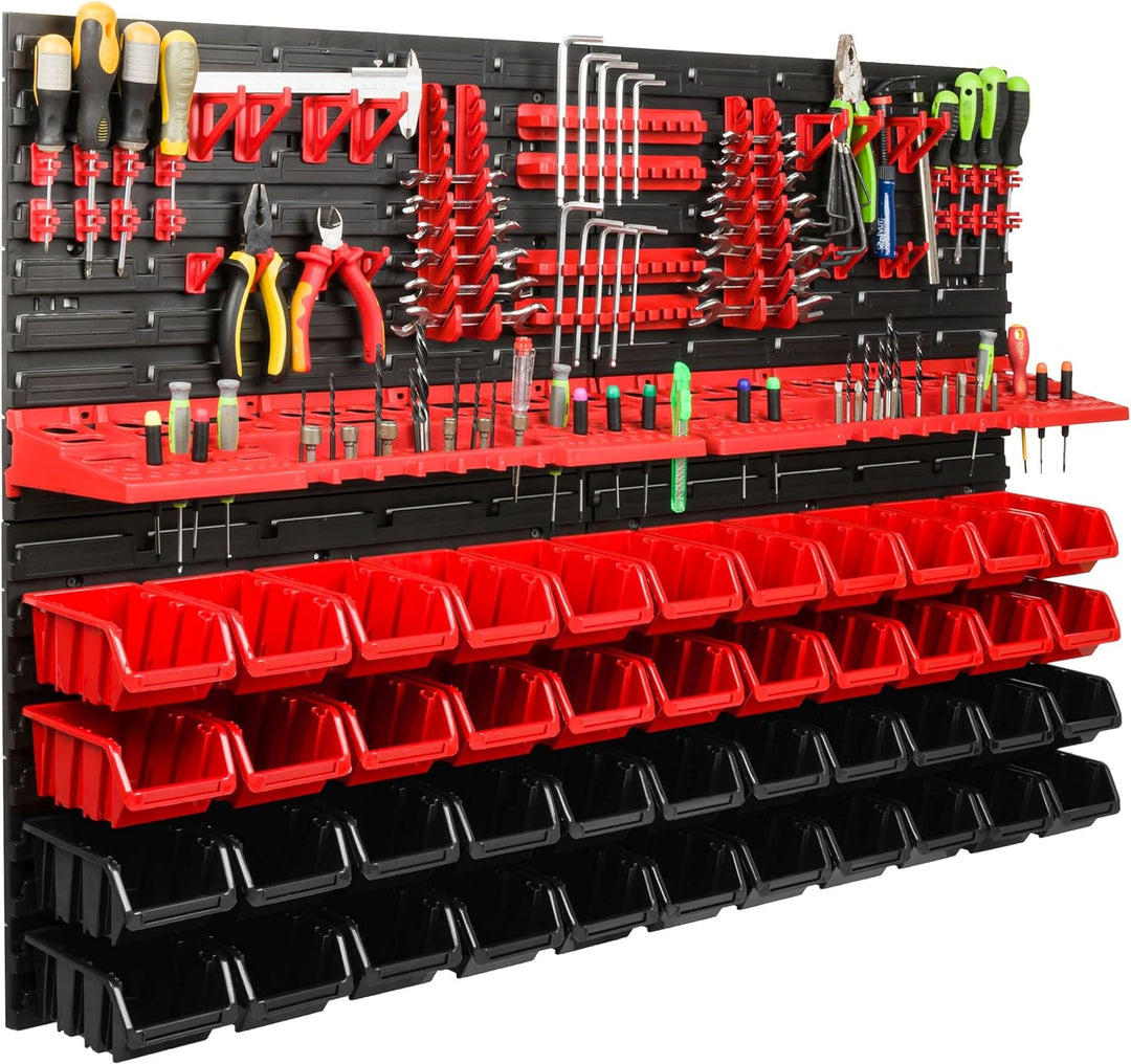 Lagersystem Werkstattregal | 115 x 78 cm | 44 stck. Box | Wandregal mit Werkzeughalterungen und Stap