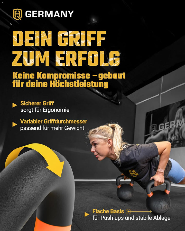 HQ Germany® Kettlebell Powdercoat [Pulverbeschichtung] - Kugelhantel 2-32kg | Vollguss ohne Schweiss