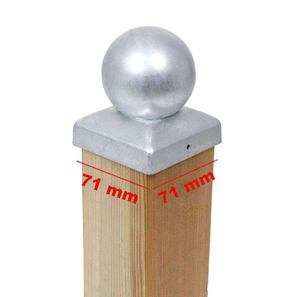 6 x Pfostenkappe 71x71 mm mit Kugel – Pfostenabdeckung aus Stahl feuerverzinkt für 70x70 mm Holzpfos