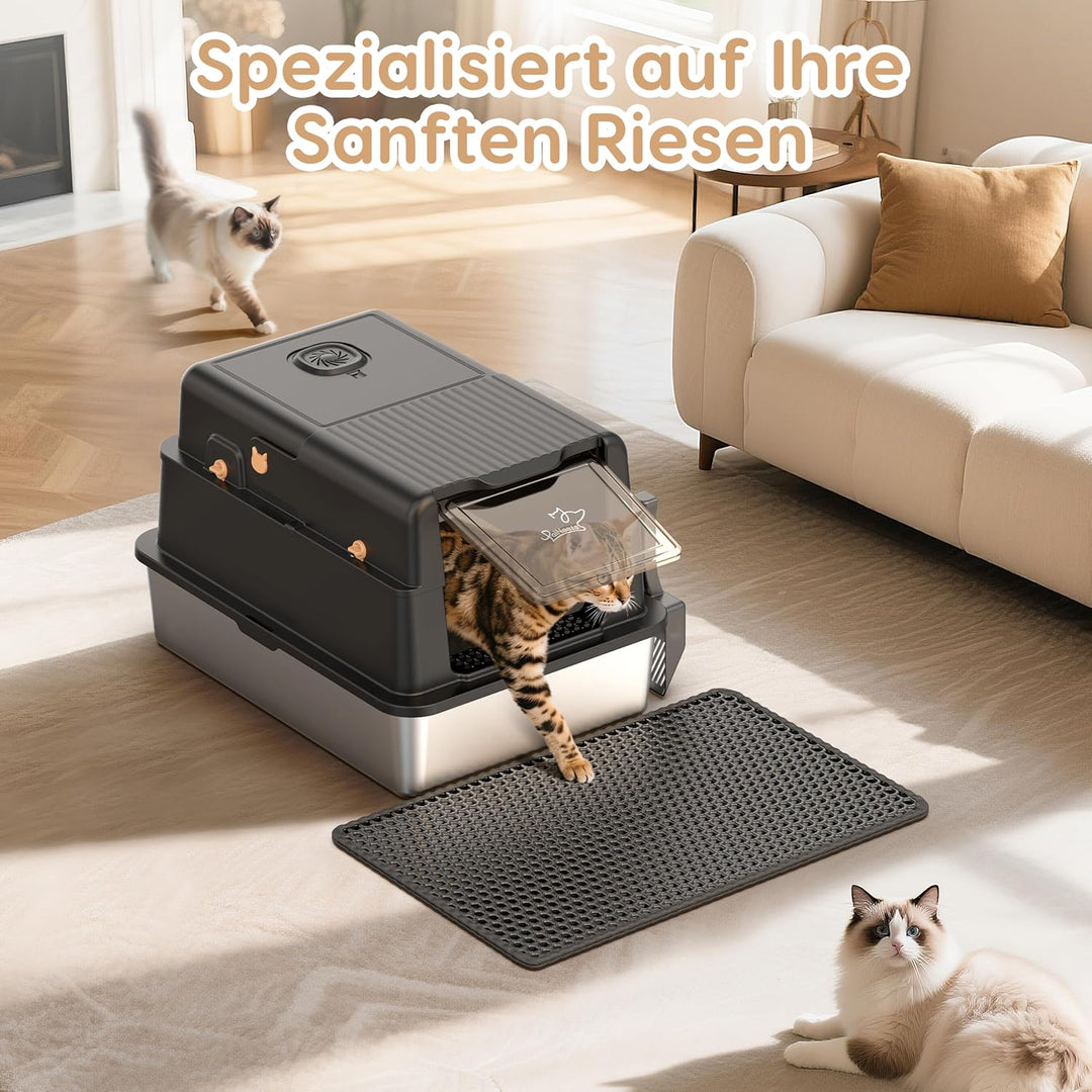 XXXL-Katzentoilette aus Edelstahl mit Deckel, PalNests Extra Grosse Geschlossene Katzentoilette aus
