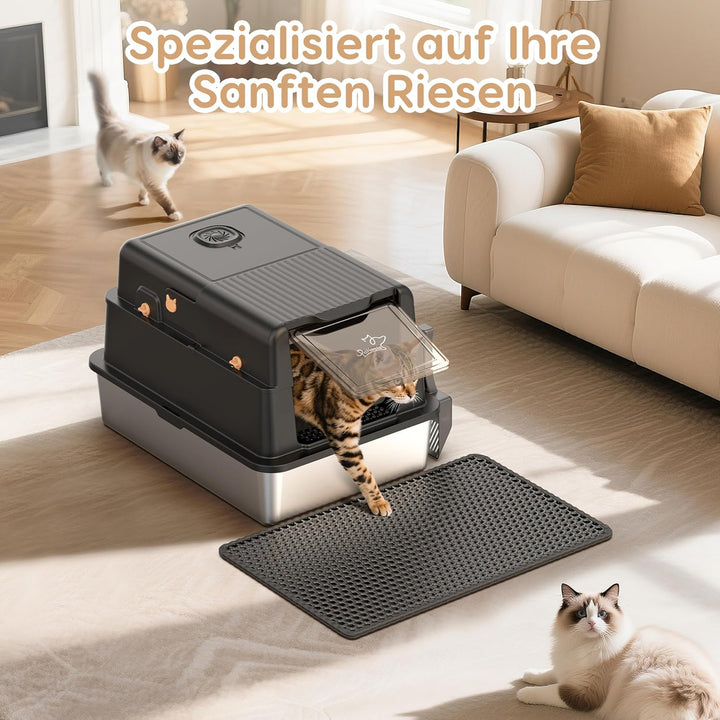 XXXL-Katzentoilette aus Edelstahl mit Deckel, PalNests Extra Grosse Geschlossene Katzentoilette aus