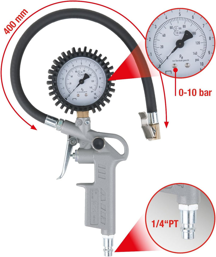 KS Tools Reifendruckprüfer geeicht 515.1960 0-10 Bar I Druckluft-Reifendruckfüller für Einhandbedien