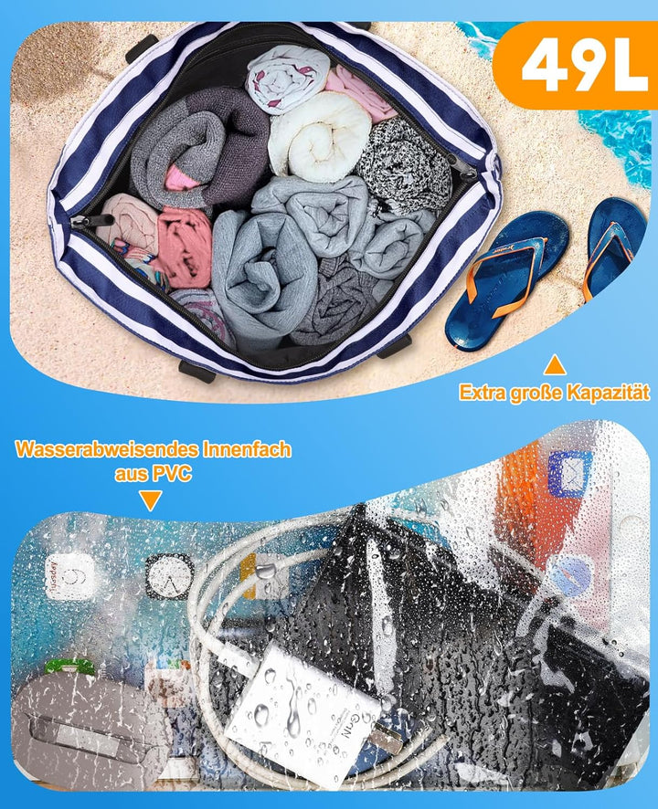 ISEYOU Strandtasche XXL Familie mit Kühltasche, Gross Strandtasche mit Reissverschluss Wasserdicht S