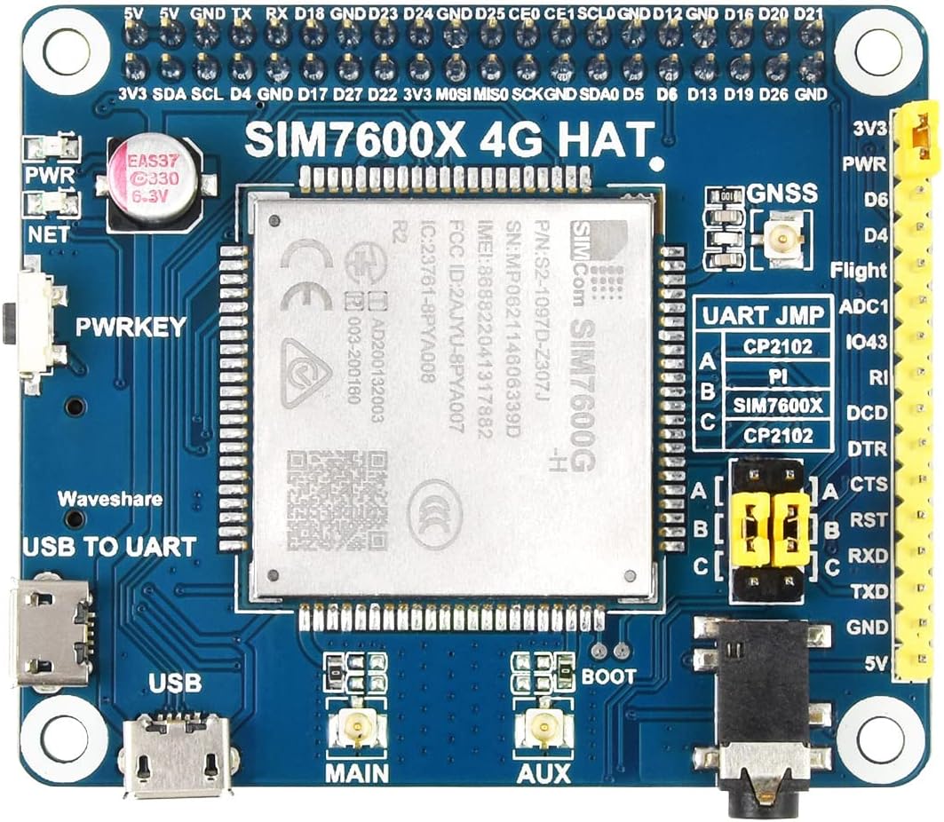 Waveshare SIM7600G-H 4G HAT, Supports LTE Cat-4 4G/3G/2G, GNSS Positioning, Global Band, Compatible
