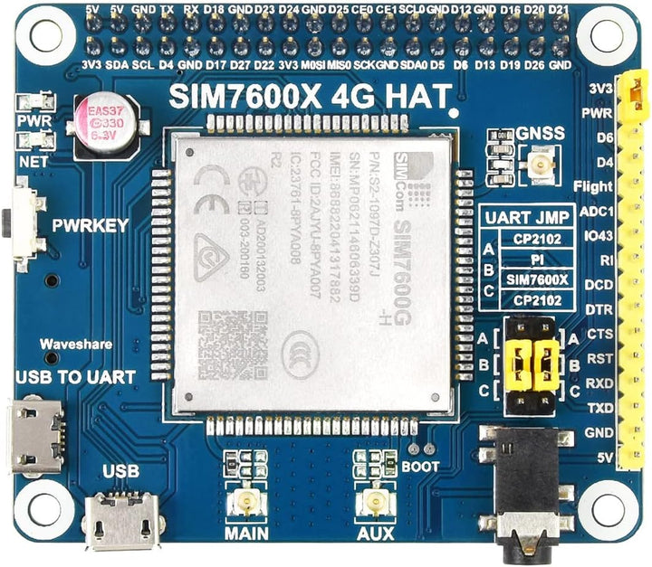 Waveshare SIM7600G-H 4G HAT, Supports LTE Cat-4 4G/3G/2G, GNSS Positioning, Global Band, Compatible
