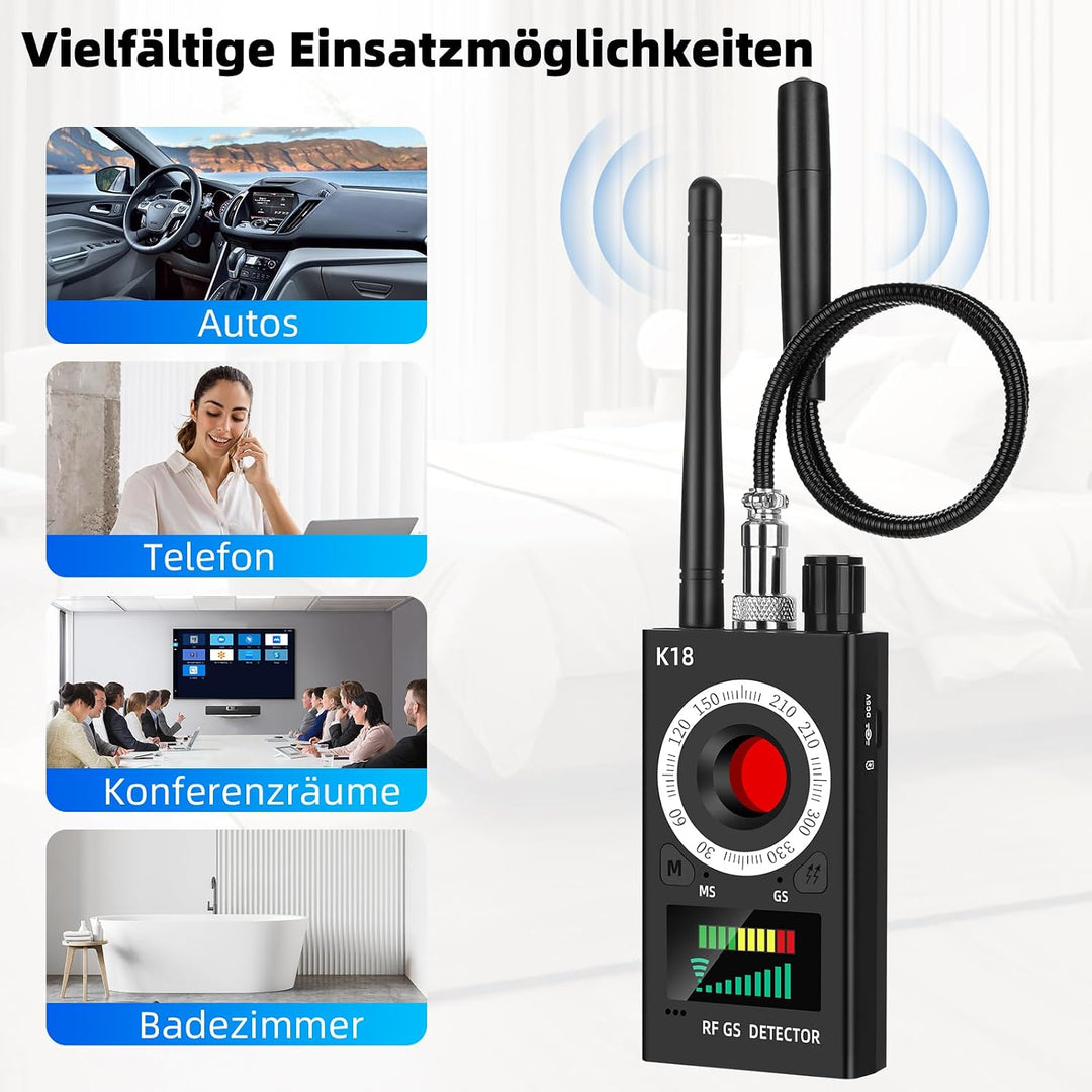 K18 Wanzen Detektor 4-in-1 Anti Spy Kamera &amp; GPS Scanner | RF 1MHz–6.5GHz detection · Magnetfeld &amp; G