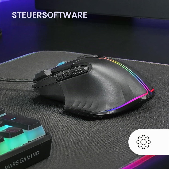 Mars Gaming MMXT, RGB-Gaming-Maus, Ergonomisches Design mit Daumenauflage, 12800DPI Optischer Sensor