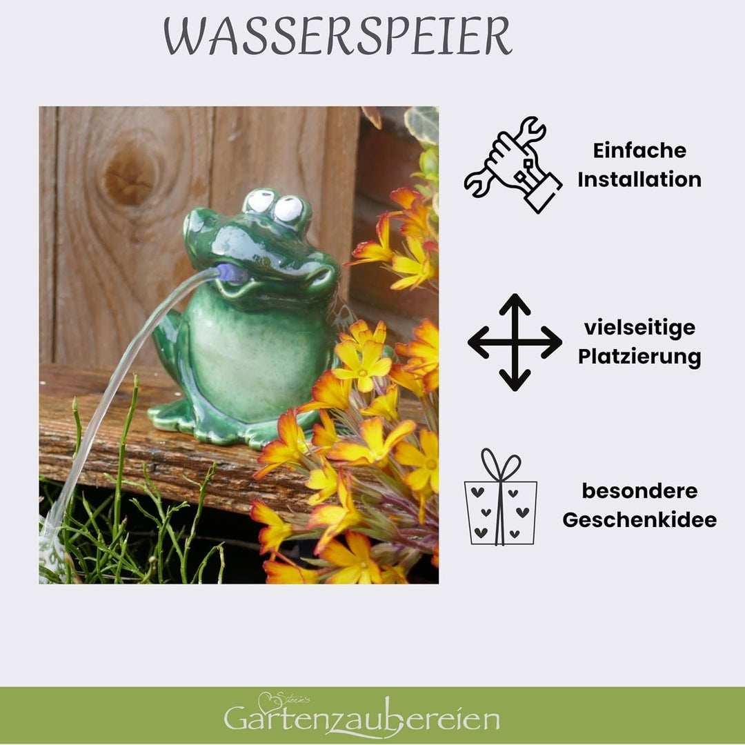 Storm's Gartenzaubereien Wasserspeier Frosch mit Akku Solarpumpe 12cm aus Keramik Laufzeit ohne Sonn