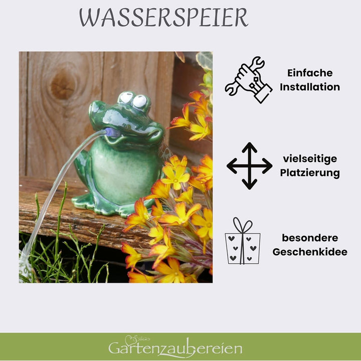 Storm's Gartenzaubereien Wasserspeier Frosch mit Akku Solarpumpe 12cm aus Keramik Laufzeit ohne Sonn