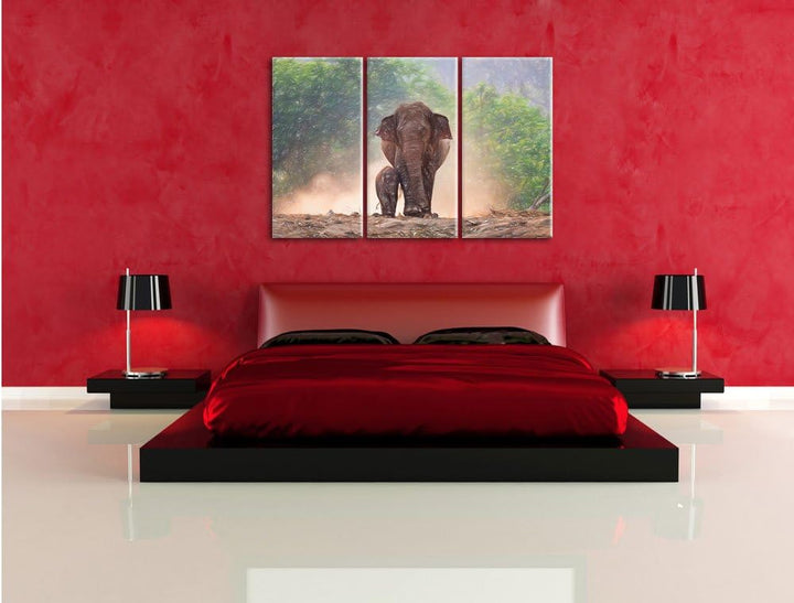 Pixxprint Elefanten Baby Mama als Leinwandbild/Grösse: 3 Teilig (120x80 cm) cm/Wandbild/Kunstdruck/f