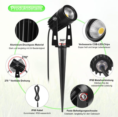 AIMHEIM 6er-Set LED Strahler mit Erdspiess, 3W Gartenstrahler mit Stecker, 2160LM, Warmweiss Gartenl