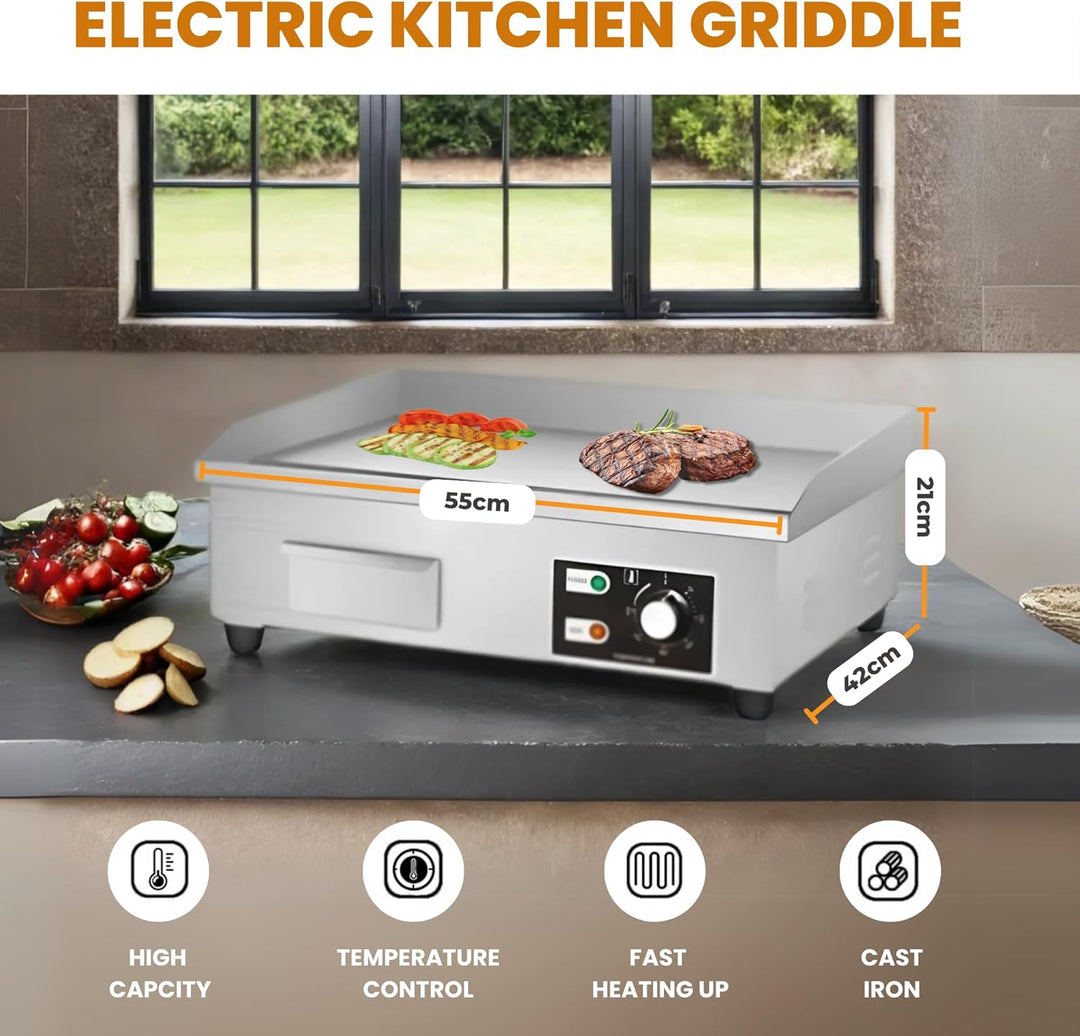 Elektrische Grillplatte.Professionelle Grillplatte 55x35cm.Edelstahl, Thermostat heizt bis zu 300°C.