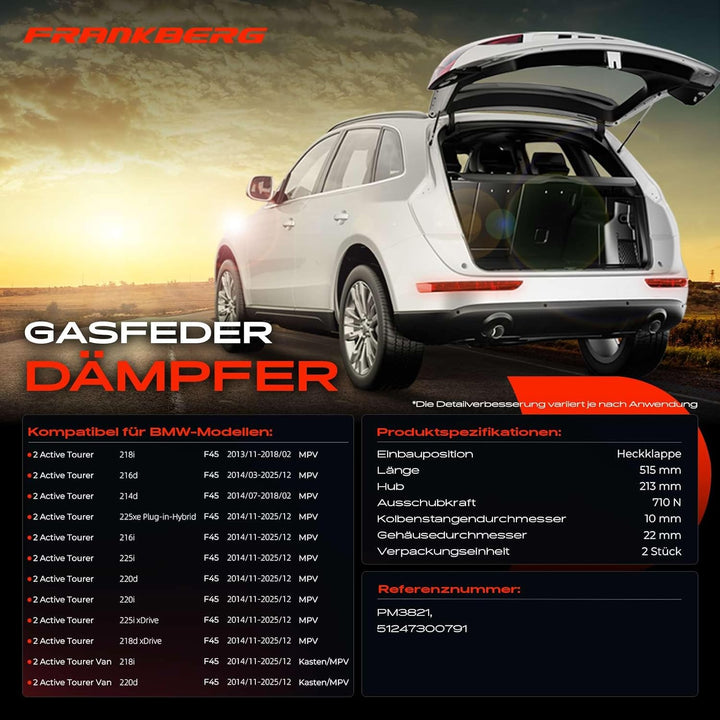 Frankberg 2x Gasfeder Dämpfer Heckklappe Links Rechts Kompatibel mit 2 Active Tourer F45 214 216 218