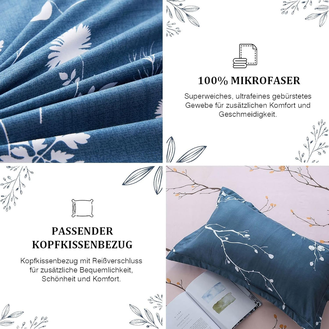 Tospass Bettwäsche 200x220 cm 3 Teilig Blumen Marineblau Rosa Modern Floral Bettwäsche Set Mädchen B