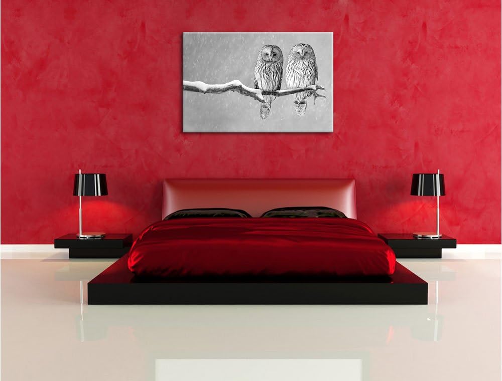 Pixxprint Zwei Eulen in Winterlandschaft Kunst B&W, Format: 100x70 auf Leinwand, 100x70