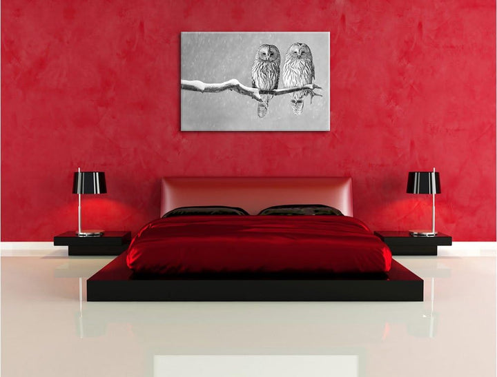 Pixxprint Zwei Eulen in Winterlandschaft Kunst B&W, Format: 100x70 auf Leinwand, 100x70