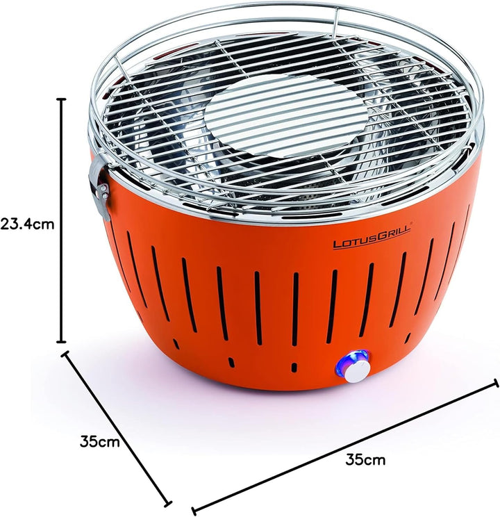 LotusGrill Starter-Set Classic 1x Grill Mandarinenorange mit USB-Anschluss, 1x Buchenholzkohle 2,5 k