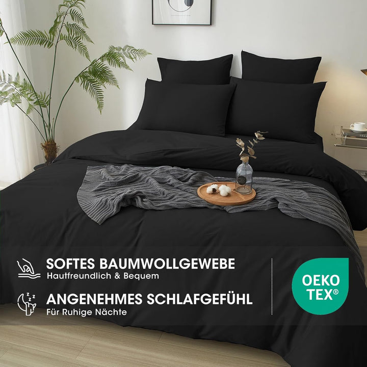 Luowei Bettwäsche 155x220 3teilig Schwarz Uni Einfarbig 110g/m² weich Mikrofaser 1 Bettbezug und 2er