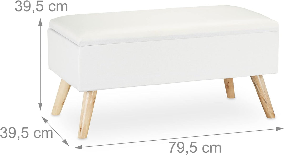 Relaxdays, weiss Sitzbank mit Stauraum, gepolstert, Holzbeine, Truhenbank Stoffbezug, H x B x T: 39,
