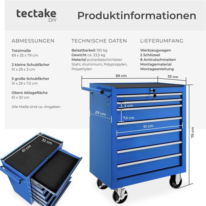 tectake Werkzeugwagen, Werkstattwagen, rollende Werkstatt, Werkzeugwagen leer, Werkzeugbox, 7 Schubf