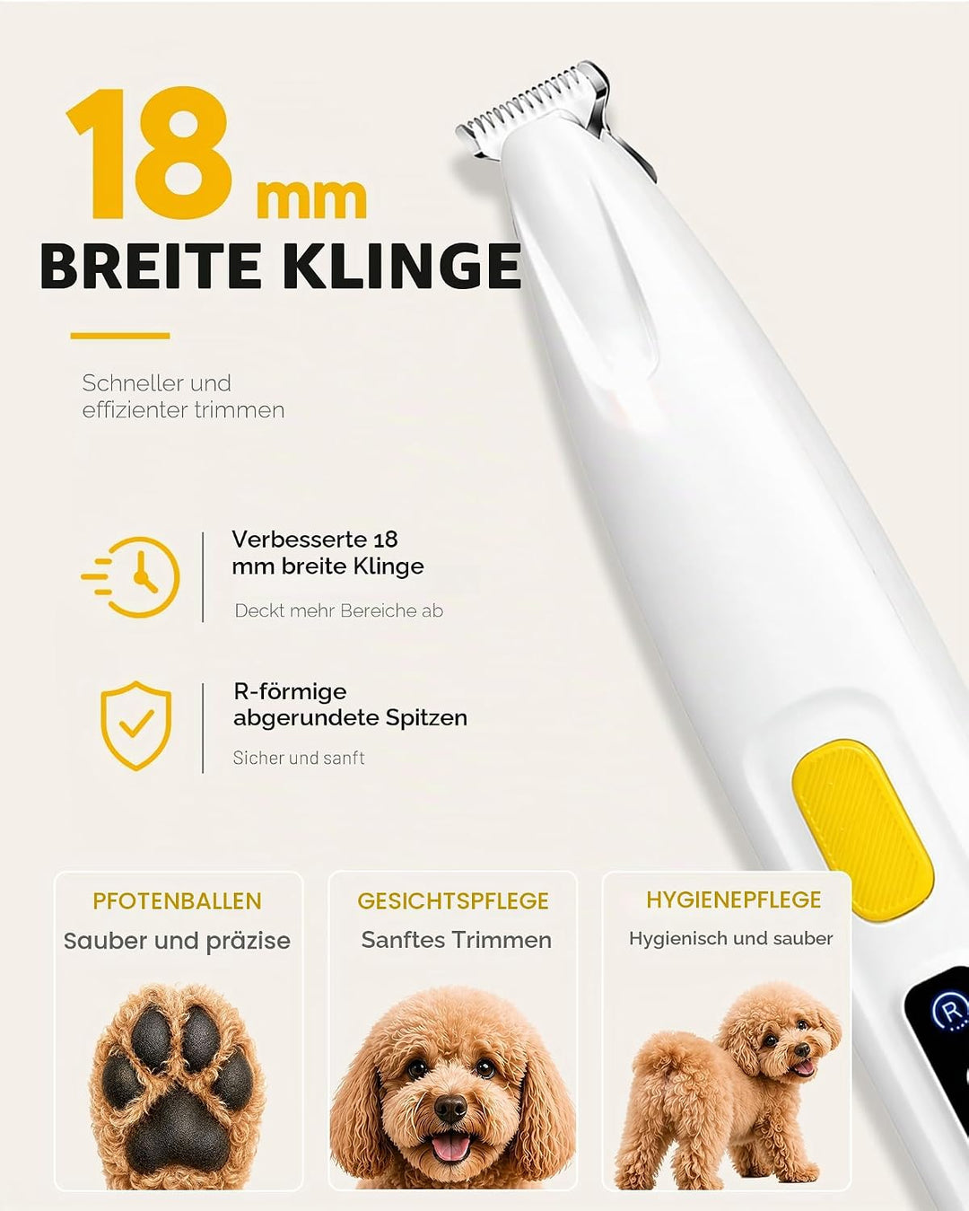 Pfotentrimmer für Hunde & Katzen mit LED-Licht – 18 mm breite Klinge, 35 dB leise, LED-Anzeige, wass