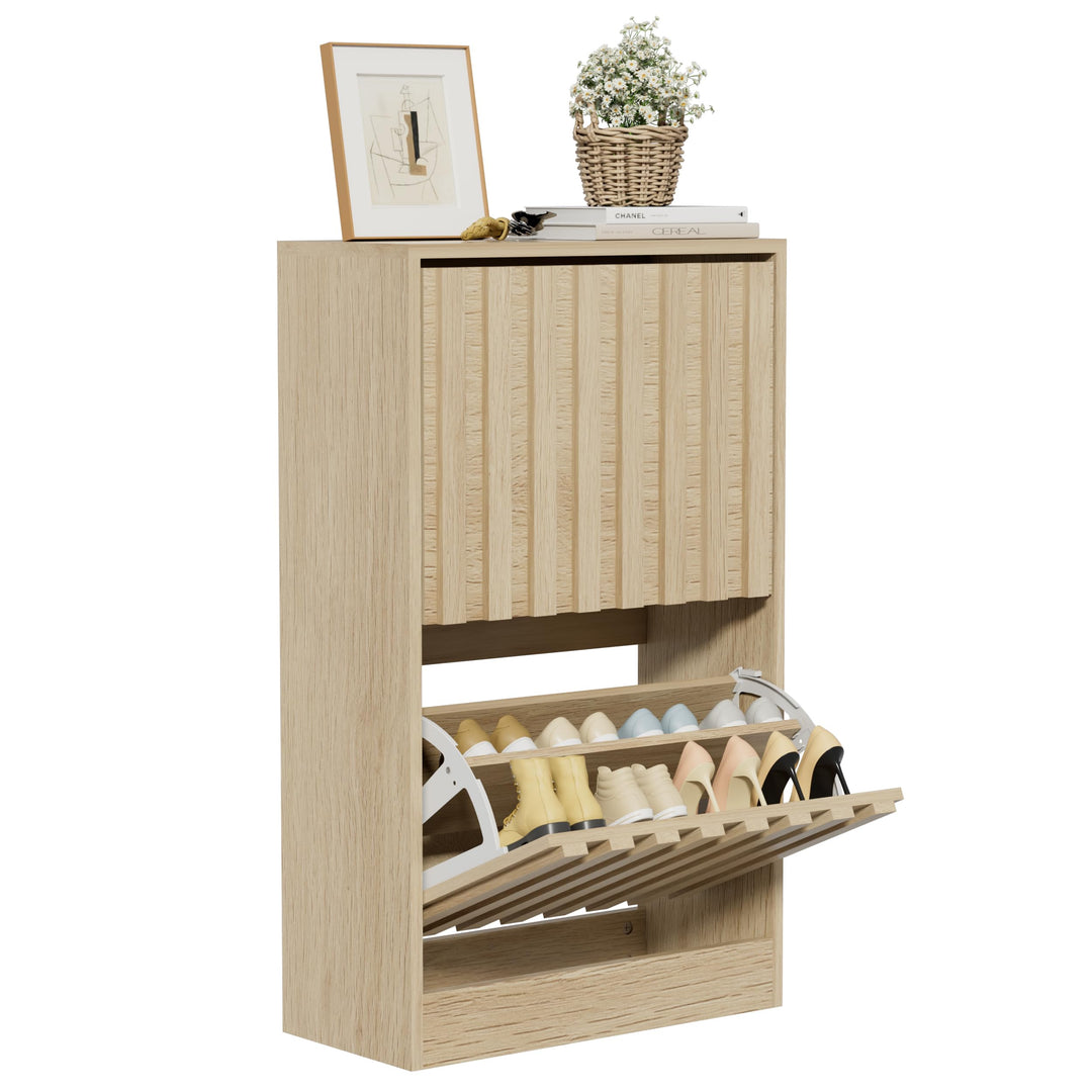 UEV Schuhschrank mit 2 Klappen Holz Schmal Schuhkipper Schuhkommode mit Kippschutz, Schuhaufbewahrun