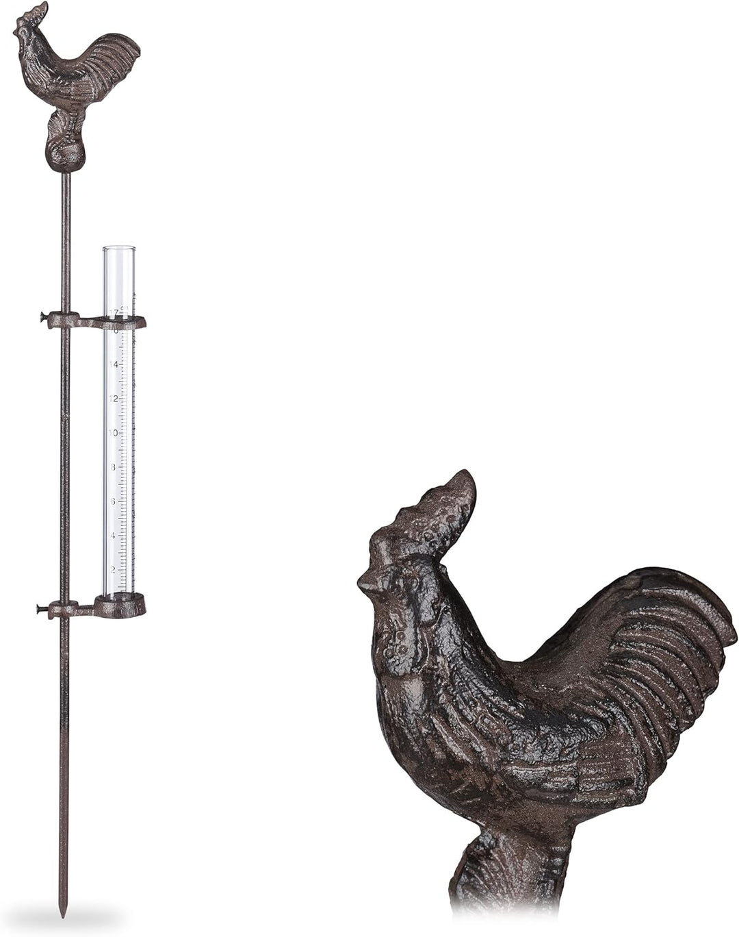 5 x Regenmesser Hahn, Erdspiess, Deko Niederschlagsmesser, 17cm 7inch, Behälter Glas, Gartenstecker,