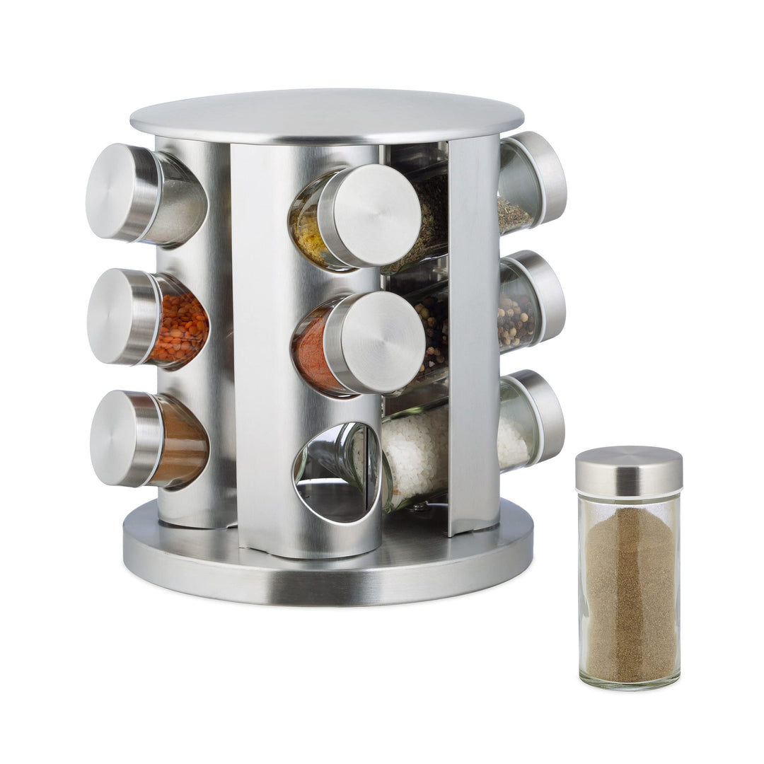 Relaxdays Gewürzregal, mit 12 tlg. Streuer-Set, Edelstahl, drehbar, modernes Design, spülmaschinenge