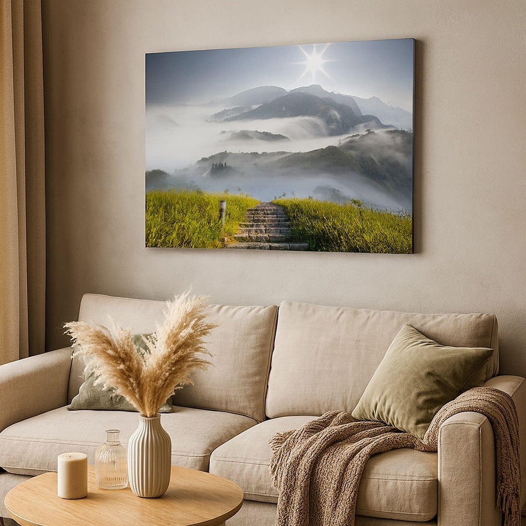 Bilder auf Leinwand 100x70cm Leinwandbild Berg Nebel Landschaft Morgen Gross Wanddeko Bild Schlafzim