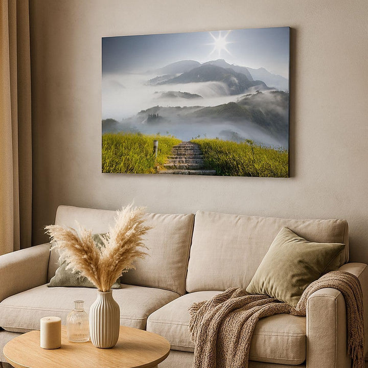 Bilder auf Leinwand 100x70cm Leinwandbild Berg Nebel Landschaft Morgen Gross Wanddeko Bild Schlafzim