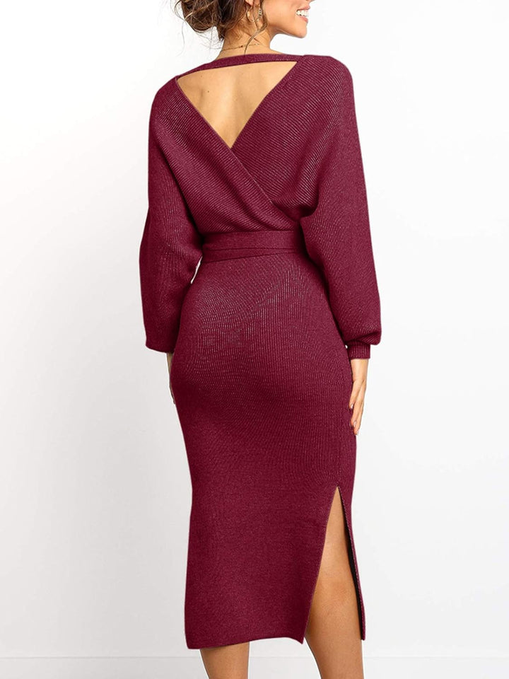 Saodimallsu Damen V-Ausschnitt Pulloverkleid Strickkleid Langarm Pullover Schlitz Offener Rücken Fig