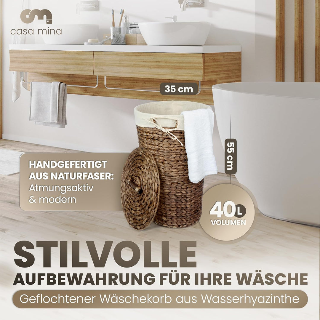 Casa Mina® Wäschesammler mit Deckel D35 x H55cm hoch I Atmungsaktiver Wäschekorb geflochten aus 100%