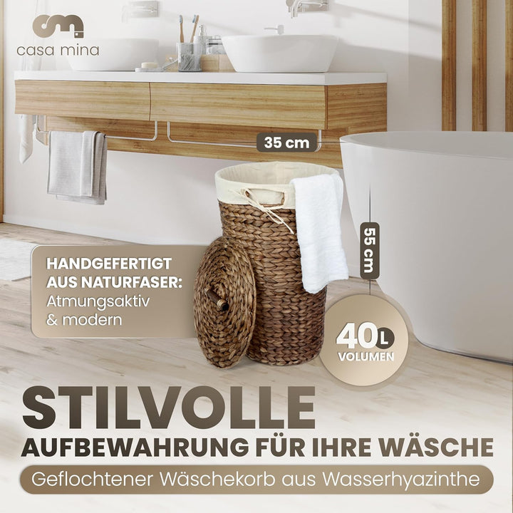 Casa Mina® Wäschesammler mit Deckel D35 x H55cm hoch I Atmungsaktiver Wäschekorb geflochten aus 100%