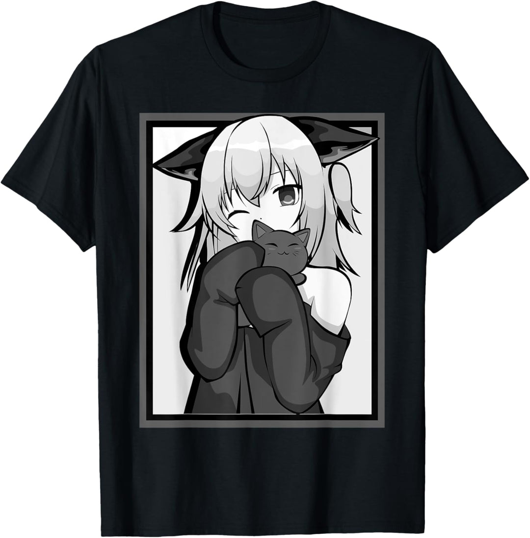 Anime-Girl, niedliches Katzen-Design, Schwarz und Weiss T-Shirt