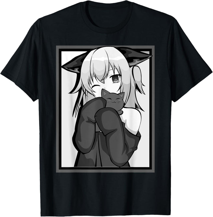 Anime-Girl, niedliches Katzen-Design, Schwarz und Weiss T-Shirt