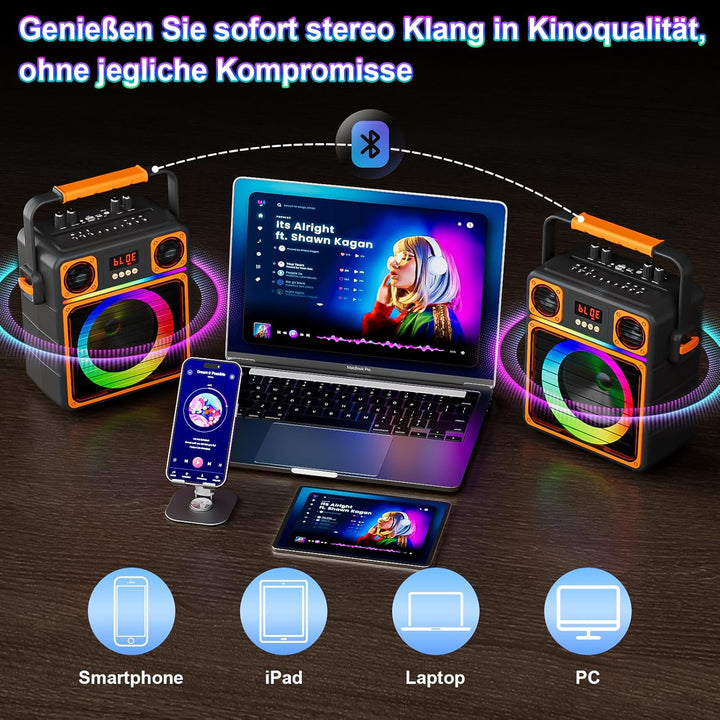 Karaoke Maschine mit 2 Mikrofone, GuKKK Tragbaren Bluetooth Lautsprecher Box und DJ-Lichtern für Erw