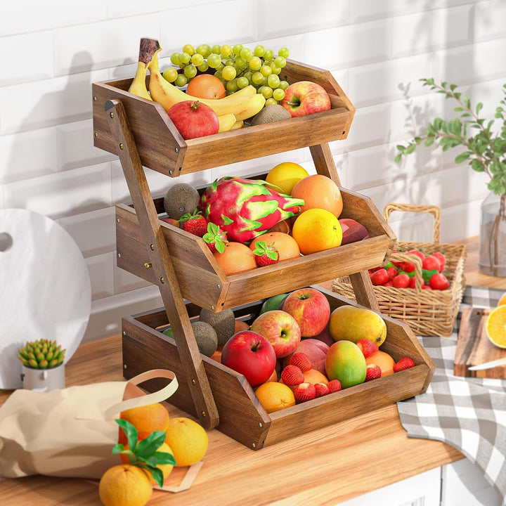 Obstkorb aus Akazienholz für Küchenarbeitsplatte–3 Etagen Abnehmbarer Obstständer Obstschalenhalter