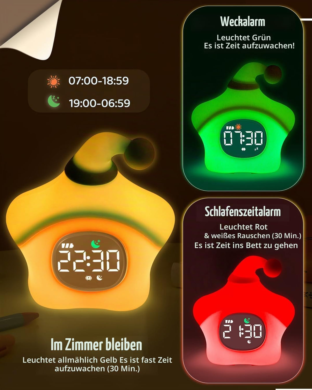 Yiliaw der Stern Kinderwecker mit Nachtlicht – Schlaftrainer &amp; Aufwachuhr, wiederaufladbare Silikonl