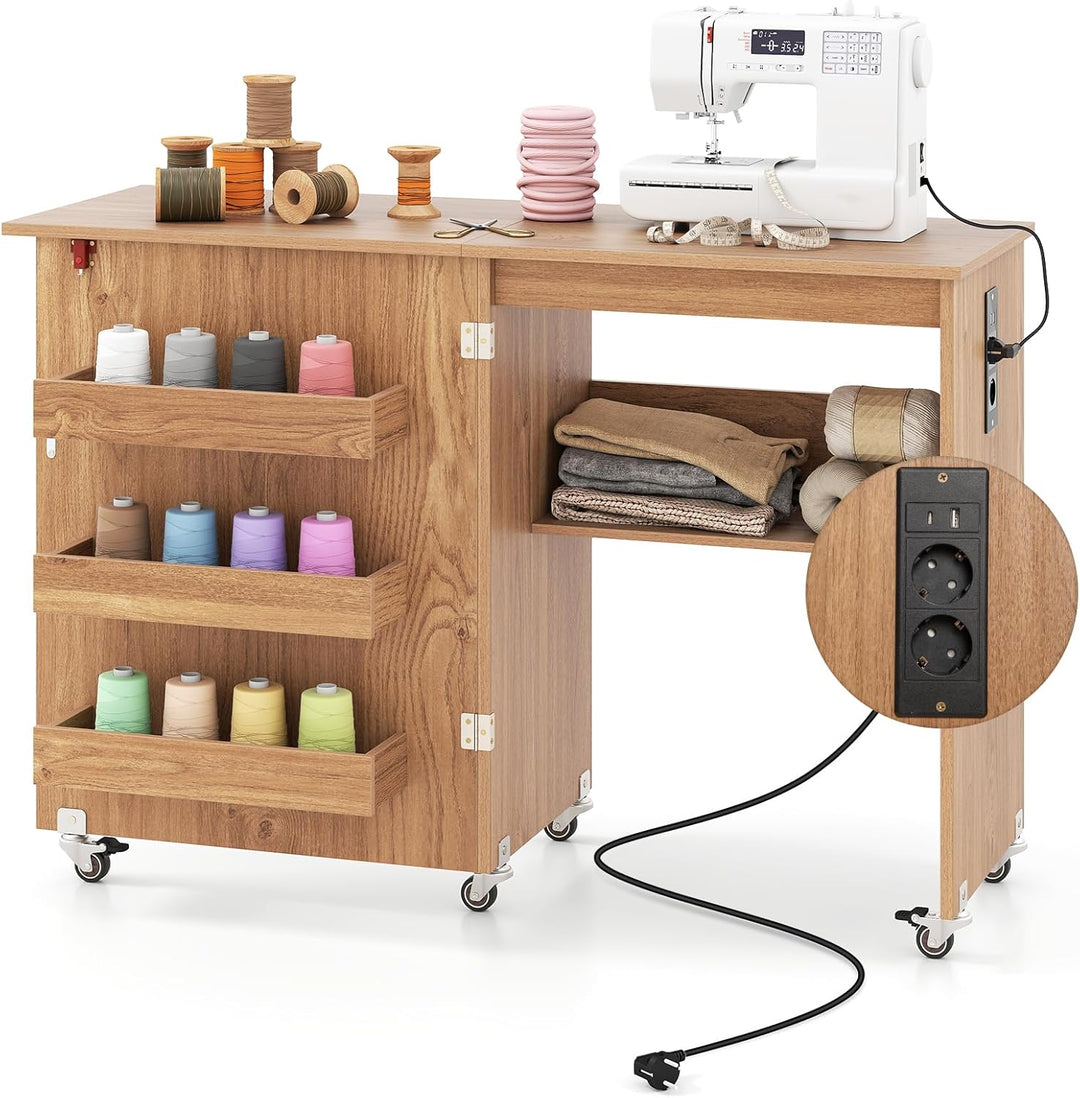 COSTWAY 2 in 1 Nähtisch klappbar mit Ladestation, Nähmaschinenschrank aus Holz mit Regalen, Nähschra