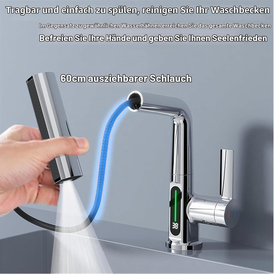 Wasserhahn Bad/Küche mit Ausziehbar Brause, LED Temperaturanzeige Waschtischarmatur Badezimmer mit 3