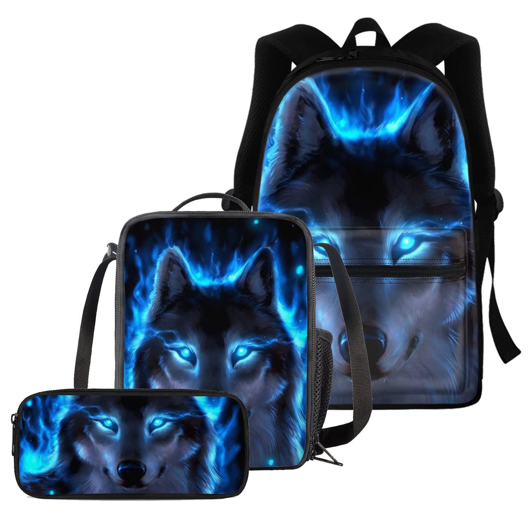 chaqlin Neon Wolf Rucksack-Set für die Schule, Animal Wolf Bedruckte Schulranzen Jungen Mädchen Schu