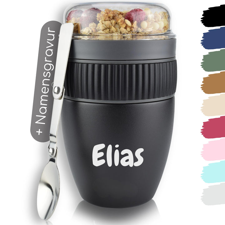Milu Müslibecher to go mit Gravur 400ml I isolierter Edelstahl Joghurtbecher für Müsli I auslaufsich