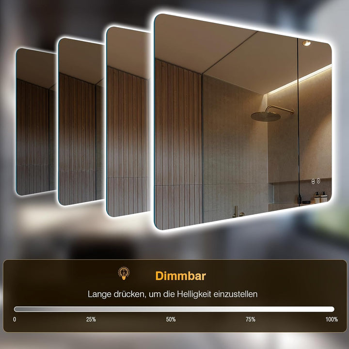 Badezimmer Spiegel mit Beleuchtung 100x60cm, LED Bad Spiegel mit licht, 3 Lichtfarben, Dimmbar, Rech