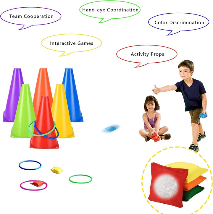 31 Stück Outdoor Spiele für Kinder, 3 in 1 Wurfspiel Kinder Outdoor - Cornhole Säckchen, Pylonen & R